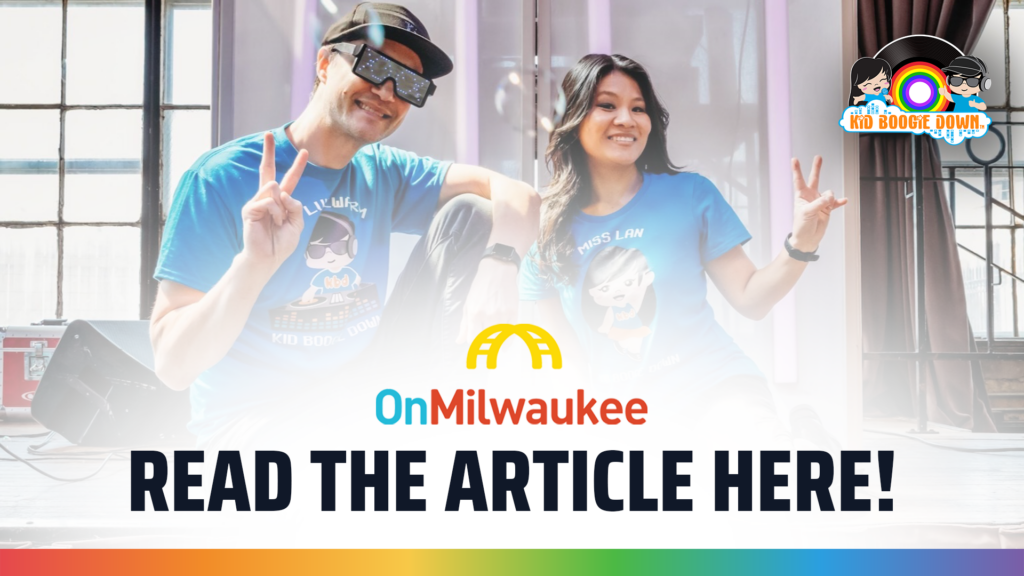 DJ Lukewarm and Miss Lan of Kid Boogie Down giving peace signs, with the OnMilwaukee logo and the words Read the article here